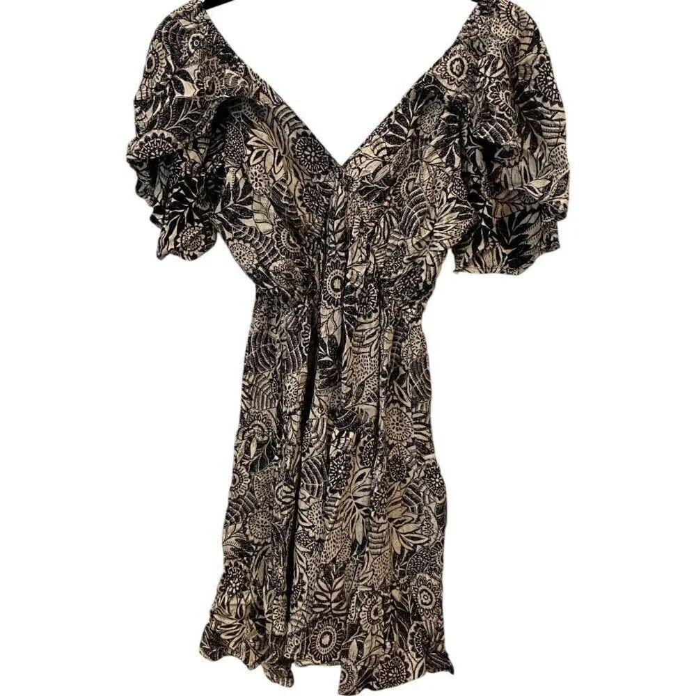 Zara Womens Mini Dress S Black White Floral Flutter Sleeve Flowy 9878/249 NWT